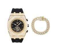 ICE STAR Men's 43mm Luxury Iced Diamond Octagon Watch & Bracelet Set - Silicone Band, Gold W/ Bracelet