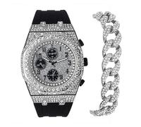 ICE STAR Men's 43mm Luxury Iced Diamond Octagon Watch & Bracelet Set - Silicone Band, SILVER-BLACK W/ BRACELET, mens-standard, Iced Out