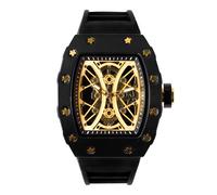 Ice Star Mens Skeleton Dial Tonneau Watch with Adjustable Silicone Strap - Stars on Bezel - Colorful Luxury Timepiece - Japanese Quartz Movement, GUN-GOLD, mens-standard