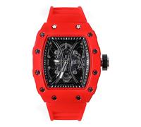 Ice Star Mens Skeleton Dial Tonneau Watch with Adjustable Silicone Strap - Stars on Bezel - Colorful Luxury Timepiece - Japanese Quartz Movement, RED-BLACK, mens-standard