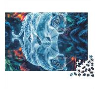 Ice Tiger Reflection 1000 Piece Puzzle for Adults Glowing Blue Tiger Fantasy Art Print Challenging Premium Thick Sturdy Vibrant Stress Relief Family Decor 38x26cm/1000pcs