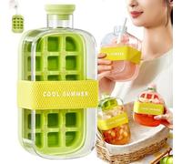 Ice Tray Bottle, 2 in 1 Press-to-Cold Ice Cube Mold & Kettle, Cool Summer Ice Cube Cup with Lid and Bin, Touch-Free Easy Release Silicone Mold Water Bottle for Freezer, Coffee, Juice (Green, 800ml)