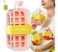 Ice Tray Bottle, 2 in 1 Press-to-Cold Ice Cube Mold & Kettle, Cool Summer Ice Cube Cup with Lid and Bin, Touch-Free Easy Release Silicone Mold Water Bottle for Freezer, Coffee, Juice (Pink, 800ml)