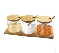 ICEBLUEOR 3PCS 300ml/10 Oz Glass Spice Jars, Cute Sugar Pot Salt Pot with Bamboo Lids and Spoons for Kitchen, Condiment Storage Jars with Wooden Base, Seasoning Jars for Salt Sugar Pepper Coffee etc
