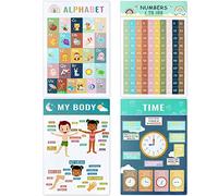 ICEBLUEOR 4 Pieces Educational Posters, Wall Learning Chart Alphabet Number Time and Body Learning Posters for Toddlers Kids Kindergarten Preschool Family Early Education, Classroom Decoration