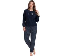 iceBoo Women's Pajamas Set Dark Navy Stars & Hearts, Double Brushed Super Soft inside, Long Sleeve Top & Printed Bottom/Pants, Embroidered Motif, QT11 - UK Adult Size 16/18