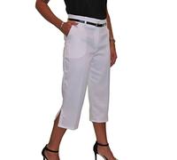 icecoolfashion Women's Smart Stretch Cropped Trousers Ladies Evening 3/4 Length Matt Satin Loose Fit Capri Pants with Belt White 8-22 (8)
