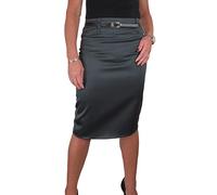 icecoolfashion Women's Stretch Satin Below Knee Bodycon Pencil Skirt with Belt Party Evening Business Dark Silver Grey (18)