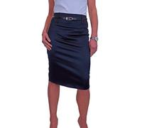 icecoolfashion Women's Stretch Satin Below Knee Bodycon Pencil Skirt with Belt Party Evening Business Navy Blue (16)