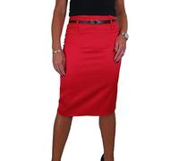 icecoolfashion Women's Stretch Satin Below Knee Bodycon Pencil Skirt with Belt Party Evening Business Red (22)