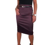 icecoolfashion Women's Stretch Satin Below Knee Bodycon Pencil Skirt with Belt Party Evening Business Bordeaux Wine (22)