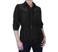 icecoolfashion Women's Summer Crochet Lace Ruffle Peasant Top Ladies Casual Frill Elasticated Waist Button Down Blouse Shirt Black 8-18 (M/L)