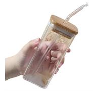 Iced Coffee Cup,13Oz Clear Glasses Cups with Lids and Glass Straws Drinking Glasses,Reusable Bubble Tea Cup with Detachable Straw,Square Drinking Glasses for Milk,Ice Water,Juice,Coffee