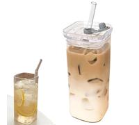 Iced Coffee Cup, 13Oz Clear Glasses Cups with Lids and Glass Straws, Reusable Bubble Tea Cup with Detachable Straw, 400ML Glass Tumblers, Square Drinking Glasses for Milk,Ice Water,Juice,Coffee (A)