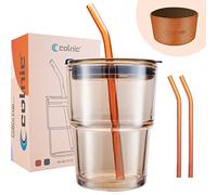 Iced Coffee Cup, 15 oz Glass Cups With Lids And Straws, Iced Coffee Glasses Tumbler, Thick Wall Mug For Tea Water With 2 Straw And Leather Sleeve, Glass Tumbler Gifts
