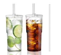 Iced Coffee Cup, 2 Pack 20Oz/600ml Clear Glasses Cups with Lids and Glass Straws Drinking Glasses for Juice, Coffee,Cocktail,Soda,Milk,Ice Water, Cold or Hot Drinks