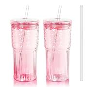 Iced Coffee Cup, 2 Pack 20Oz/600ml Clear Glasses Cups with Lids and Glass Straws Drinking Glasses for Juice, Coffee,Cocktail,Soda,Milk,Ice Water, Cold or Hot Drinks