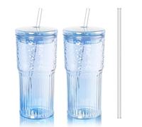 Iced Coffee Cup, 2 Pack 20Oz/600ml Clear Glasses Cups with Lids and Glass Straws Drinking Glasses for Juice, Coffee,Cocktail,Soda,Milk,Ice Water, Cold or Hot Drinks