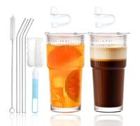 Iced Coffee Cup, 2 PCS 600ml/ 20oz Glass Tumblers with Straws and Lids, Iced Coffee Glasses for Long Drinks, Water, Cocktail, Whiskey, Soda, Iced Coffee, Tea, Straws and Brush for Travel or Home