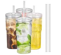 Iced Coffee Cup, 4 Pack 20Oz/600ml Clear Glasses Cups with Lids and Glass Straws Drinking Glasses for Juice, Coffee,Cocktail,Soda,Milk,Ice Water, Cold or Hot Drinks
