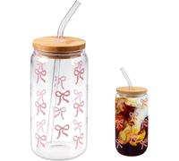 Iced Coffee Cup 500ml Glass Cups with Lids and Straws, Bow Glass Cup Set, Can Shaped Glass Cups, Pink Cups Cute Tumbler Reusable Tumblers for Bubble Tea Coffee, Aesthetic Gifts for Women Girls Friends