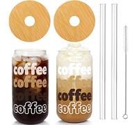 Iced Coffee Cup with Lids and Straw, ANOTION Beer Can Glass Bamboo Cover Straw 20 Oz/568ml Reusable Drinking Glasses Tumbler for Travel Office Home Ice Tea Margaritas Soft Drinks Juice, Brown