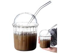 Iced Coffee Glass with Straw and Lid 14oz/450ML Reusable Iced Latte Cup Wide Mouth Detachable Smoothie Drinking Glass Iced Coffee Tumbler for Soda Home Office Bar Dome Cups With Lids Transparent