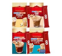 Iced or Hot Instant Coffee Sachets Variety Pack - Vanilla, Creamy, Salted Caramel Latte & Americano Frappe, 4 Flavours x 8 - Quick, Barista-Style Coffee at Home