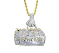Iced Out Bling CZ Handbag Money In My Bag Charm Pendant Necklaces for Men Women with Hand Shape Ring, Brass, Cubic Zirconia