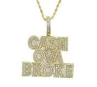 Iced Out Bling CZ Heavy Cash Ova Broke Letter Pendant Necklaces for Men Boy, Brass, Cubic Zirconia