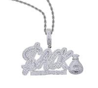 Iced Out Bling $ Money Bag Shape ACK Letters Pendant Necklaces for Women Men, Brass, Cubic Zirconia