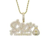 Iced Out Bling $ Money Bag Shape ACK Letters Pendant Necklaces for Women Men, Brass, Cubic Zirconia