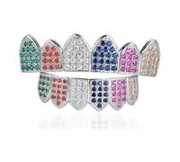 Iced Out Diamond Teeth Grillz for Men Women, Hip Hop Grills for your teeth Top and Bottom, Rapper Costume Mouth(Rainbow Silver,Set)