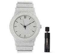 ICEDTAG Men's 18K Gold Silver Plated Luxury Watch, 46MM Round Iced Bezel with Roman Numerals, Lab Diamonds, Quartz Movement, Gift Box Included, White Gold, Luxury style dress formal party