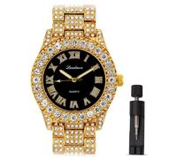 ICEDTAG Women's Luxury Iced Bling Out Roman Numerals Watch & Bracelet Set - Big Rocks Bezel, Colored Dial, Gold - Black Dial, Regular, Party decor baby shower valentine