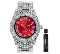 ICEDTAG Women's Luxury Iced Bling Out Roman Numerals Watch & Bracelet Set - Big Rocks Bezel, Colored Dial, White Gold - Red Dial, Regular, Party decor baby shower valentine