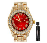 ICEDTAG Women's Luxury Iced Bling Out Roman Numerals Watch & Bracelet Set - Big Rocks Bezel, Colored Dial, Gold - Red Dial, Regular, Party decor baby shower valentine