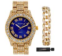 ICEDTAG Women's Luxury Iced Bling Out Roman Numerals Watch & Bracelet Set - Big Rocks Bezel, Colored Dial