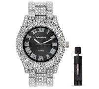 ICEDTAG Women's Luxury Iced Bling Out Roman Numerals Watch & Bracelet Set - Big Rocks Bezel, Colored Dial, White Gold - Black Dial, Regular, Party decor baby shower valentine