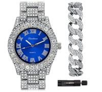 ICEDTAG Women's Luxury Iced Bling Out Roman Numerals Watch & Bracelet Set - Big Rocks Bezel, Colored Dial, White Gold - Blue Set, Regular, Party decor baby shower valentine