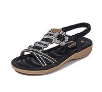 ICEGIA Women's Flat Sandals Summer Beach Sandal T-Strap Rhinestone Beaded Bohemia Shoes, Black, 6 UK