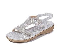 ICEGIA Women's Flat Sandals Summer Beach Sandal T-Strap Rhinestone Beaded Bohemia Shoes, Silver, 6 UK