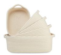 Icegrey 5-Piece Woven Basket Cute Oval Cotton Rope Gifts Basket with Handle, Empty Wicker Storage Basket Nursery Box Bin Kids Organizer Cat Dog Toy Basket, Beige