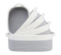 Icegrey 5-Piece Woven Basket Cute Oval Cotton Rope Gifts Basket with Handle, Empty Wicker Storage Basket Nursery Box Bin Kids Organizer Cat Dog Toy Basket, Light Grey