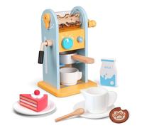 ICEKO Wooden Coffee Machine Toy , 11-pcs Toy Kitchen Accessories Set, Kids Play Kitchen Playset with Moving Parts and Realistic Sounds, Ideal for Cafe Shop Role-Play