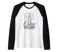 Iceland Hallgrimskirkja Puffin Aurora Borealis Raglan Baseball Tee