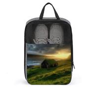 Iceland Hut Grass Coast Sea Sun Rays Travel Shoe Bag, Waterproof Storage Pouch with Zipper, Portable Shoe Organizer for Women And Men
