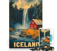 Iceland Waterfall Cabin for Adults 1000 Piece Jigsaw Puzzle Brain Exercise Tension Relief Real Challenge Classic Xmas Gift (38x52cm)