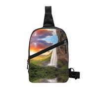 Iceland Waterfall River Field Sunset Foldable Sport Sling Bag,Lightweight Crossbody Chest Pack with Multiple Pockets,Water-Resistant Polyester Fabric,Compact Travel Daypack