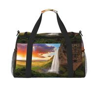 Iceland Waterfall River Field Sunset Full Print Travel Duffle Bag with Adjustable Shoulder Strap,Large Capacity Twill Polyester Crossbody Bag for Gym,Weekend Trips Outdoor Activities